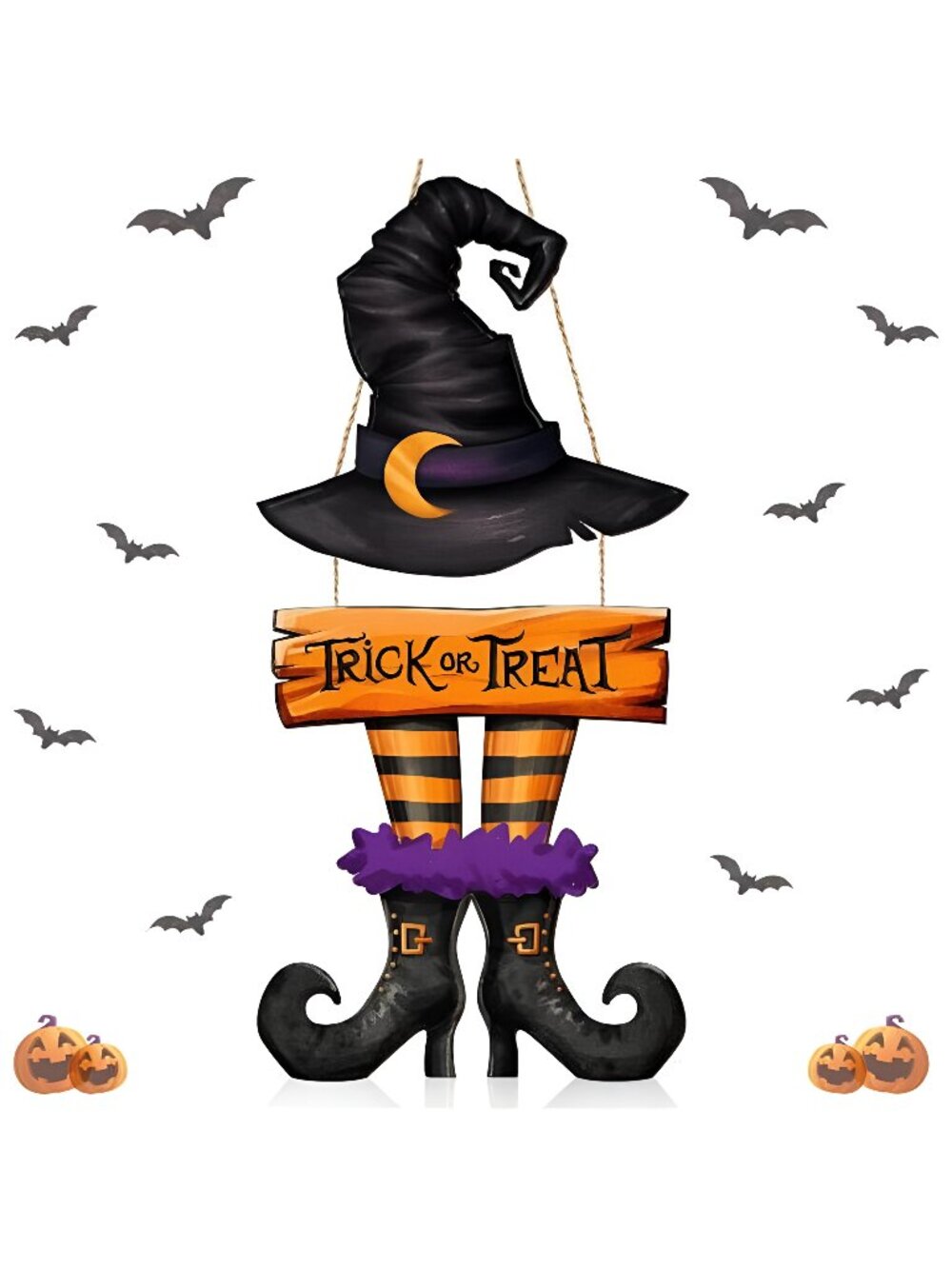 Halloween Door Sign Witch Wreath Decorations Trick or Treat Wooden Hanging Decor